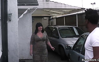 Busty working woman swallows his huge sulky dick