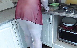 MILF Frina continues barren cooking. Todays bill of fare is chicken. Sexy mommy Milf in Nautical galley no panties in transparent negligee. Natural tits Pussy Beautifull ass